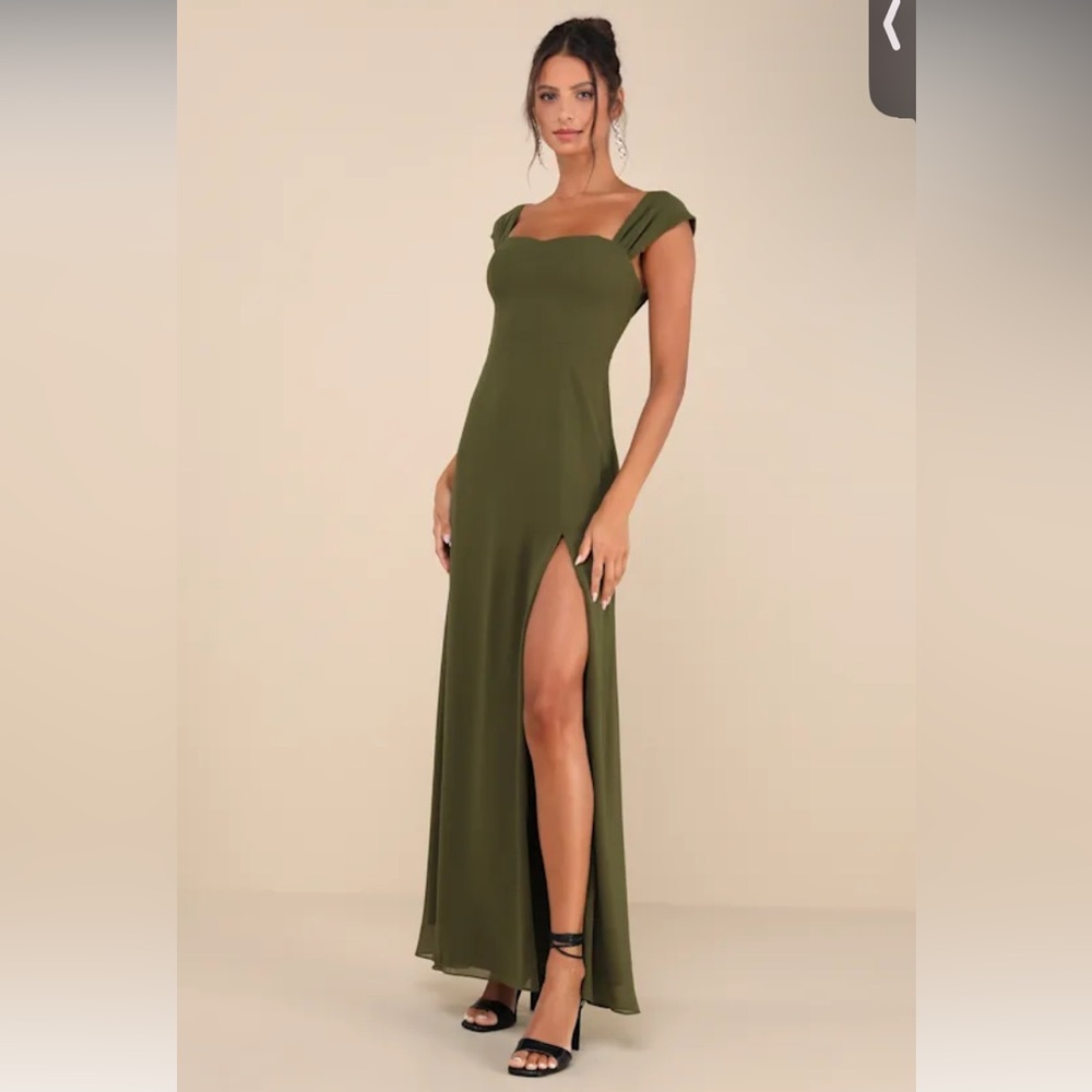 NWT Lulus Magical Magnetism Olive Green Off-the-Shoulder Maxi Dress